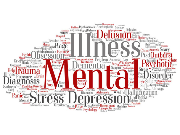 Concept conceptual mental illness disorder problem management or therapy abstract word cloud isolated background. Collage of health, trauma, psychology, help, treatment or rehabilitation text - Photo, Image