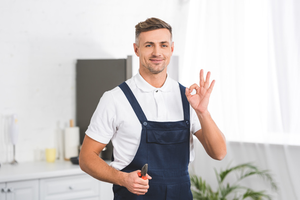 smiling adult repairman holding pliers while showing ok sign and looking at camera - Fotó, kép