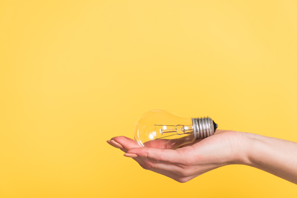 visão cortada da mulher segurando lâmpada led isolada no amarelo, conceito de eficiência energética
 - Foto, Imagem
