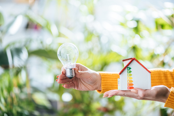enfoque selectivo de lámpara led y modelo de casa de cartón en manos de mujer, concepto de eficiencia energética en el hogar
 - Foto, Imagen