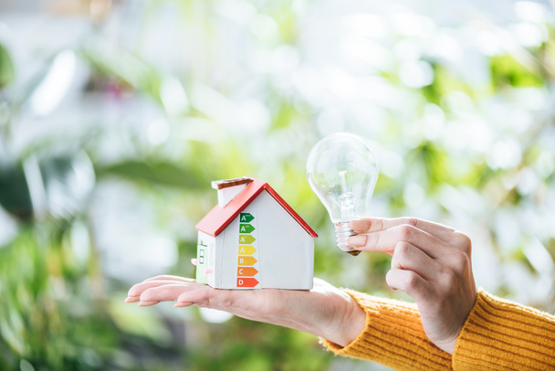 vista recortada de la mujer sosteniendo la lámpara led y la casa de cartón, concepto de eficiencia energética en el hogar
 - Foto, Imagen