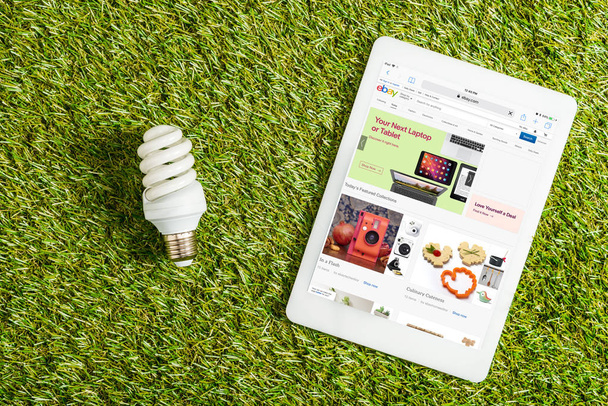 top view of fluorescent lamp near digital tablet with ebay app on screen on green grass, energy efficiency concept - Foto, Imagem