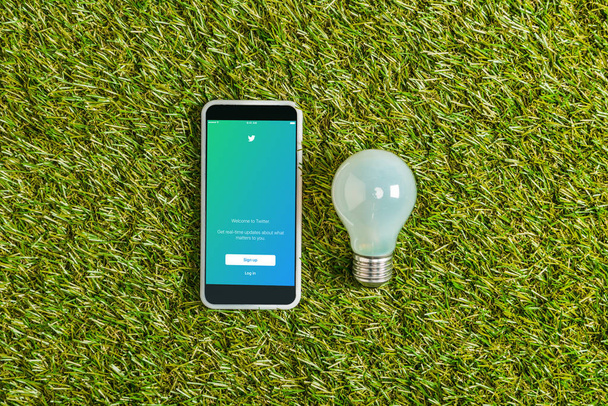 pohled shora na zářivku poblíž smartphone s twitter aplikace na obrazovce na zelené trávě, koncepce energetické účinnosti - Fotografie, Obrázek