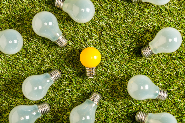 top view of fluorescent lamps near yellow lamp on green grass, energy efficiency concept - Photo, Image