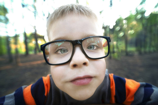 Portrait of a funny liittle boy wearing a glasses outdoors. - Zdjęcie, obraz