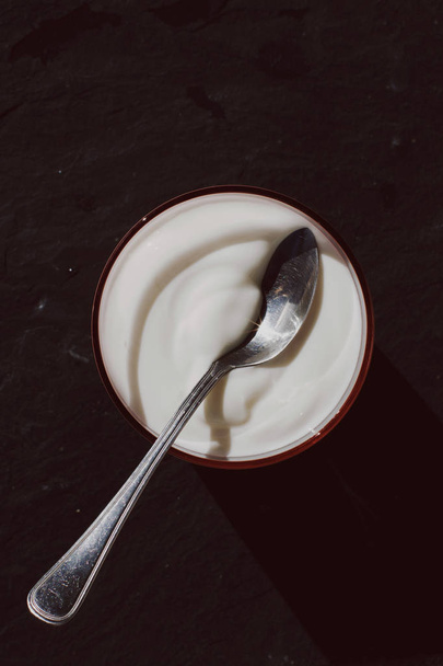 τρόφιμα αγρόκτημα γαλακτοπαραγωγής και ρουστίκ στυλ έννοια - φρέσκο κρεμώδες λευκό γιαούρτι, κομψά γραφικά - Φωτογραφία, εικόνα