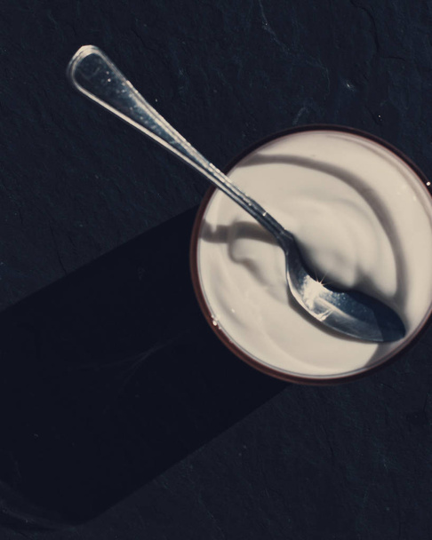 concepto de productos lácteos y alimentos rústicos estilo granja - yogur blanco cremoso fresco, visuales elegantes
 - Foto, Imagen