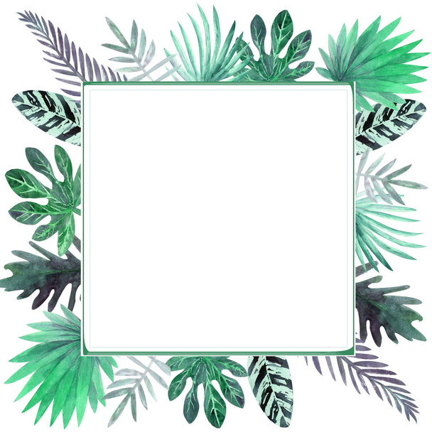 Watercolor frame of colorful tropical leaves. For invitations, greeting cards and Wallpapers. - Fotó, kép