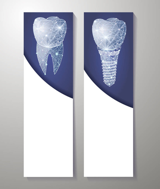健康な歯とインプラント。バナー広告をデザインします。マーケティングのために使用することができます。歯科。人間の歯の注入。ドットやライン、抽象的なデザインから多角形のワイヤー フレーム。デジタル グラフィックス イラスト. - 写真・画像