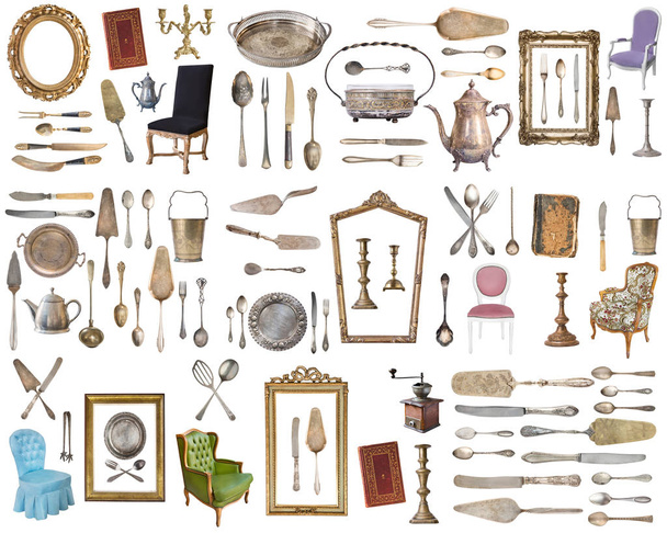 Énorme ensemble d'objets antiquités : articles ménagers vintage, argenterie, meubles et plus encore. Isolé sur fond blanc
. - Photo, image