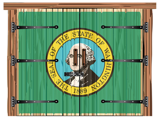 Ein großes geschlossenes hölzernes Scheunentor mit Riegel und Scharnieren und der Washingtoner Flagge - Vektor, Bild
