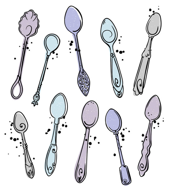 Set of hand drawn vector spoons, silverware - Vector, Image