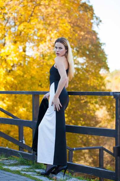 Full body, Young beautiful blonde woman in long black dress on the autumn park - Photo, Image