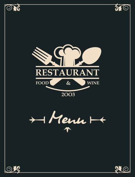 Restaurant-Menü-Design mit Koch, gekreuztem Löffel und Gabel auf schwarzem Hintergrund - Vektor, Bild