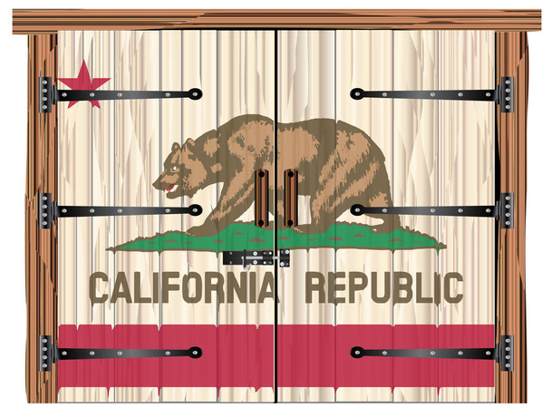 Ein großes geschlossenes hölzernes Scheunentor mit Riegel und Scharnieren und die kalifornische Flagge aufgemalt - Vektor, Bild