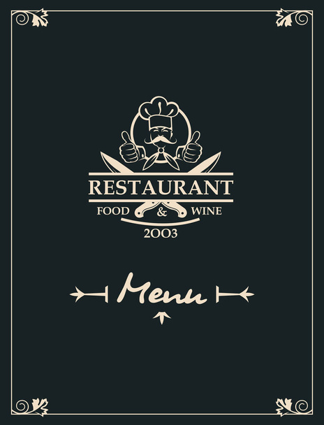 restaurant menu design with chef and crossed knives on black background - Vector, Image