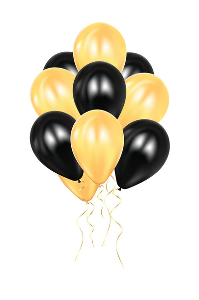 Realistische 3D-zwarte en gouden ballons vectorillustratie. EPS-10. Kleurrijke glanzende Ballon. Ballonnen geïsoleerde mockup voor verjaardag, verjaardagsfeestje. Ontwerpelement. Decoratie bruiloft, opstarten. - Vector, afbeelding