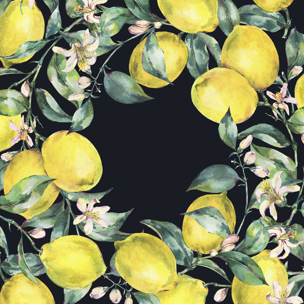 Aquarel vintage wenskaart, tak van citroen geel fruit - Foto, afbeelding