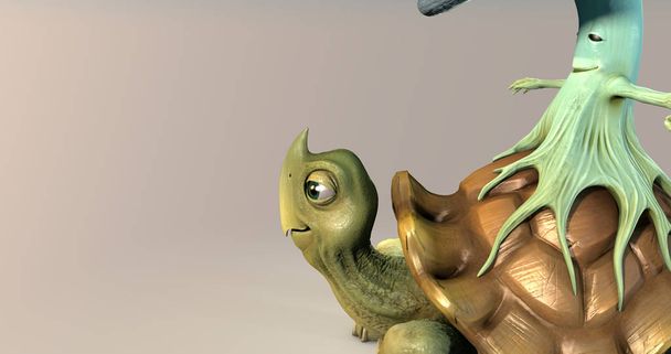 Een close-up scène van een fantasie-schildpad met een paddestoel op het. - Foto, afbeelding