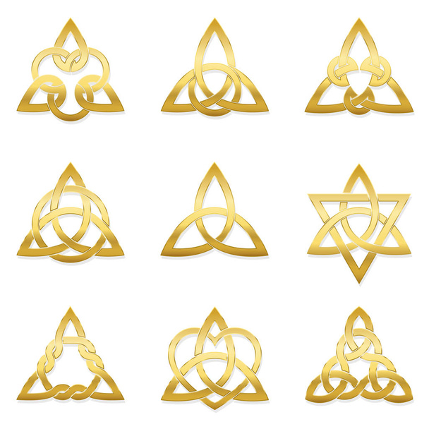 Nodi a triangolo celtico. Nove simboli dorati utilizzati per la decorazione o pendenti d'oro. Varietà di nodi intrecciati a cestello senza fine
. - Vettoriali, immagini