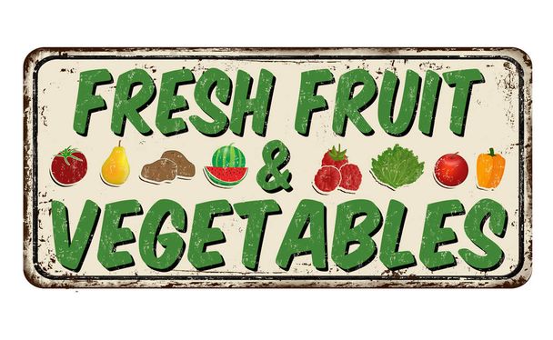 Cartel metálico oxidado vintage de frutas y verduras frescas sobre fondo blanco, ilustración vectorial
 - Vector, Imagen