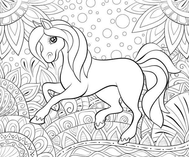 A cute little horse on the abstract background with ornaments image for relaxing activity.A coloring book, page for children.Line art style illustration for print.Poster design. - Вектор,изображение
