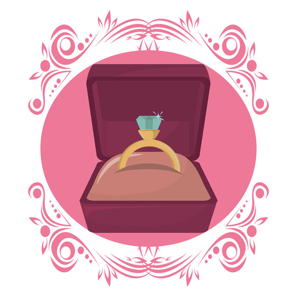 Wedding rings in box on vintage round frame vector illustration graphic design - Vector, Image