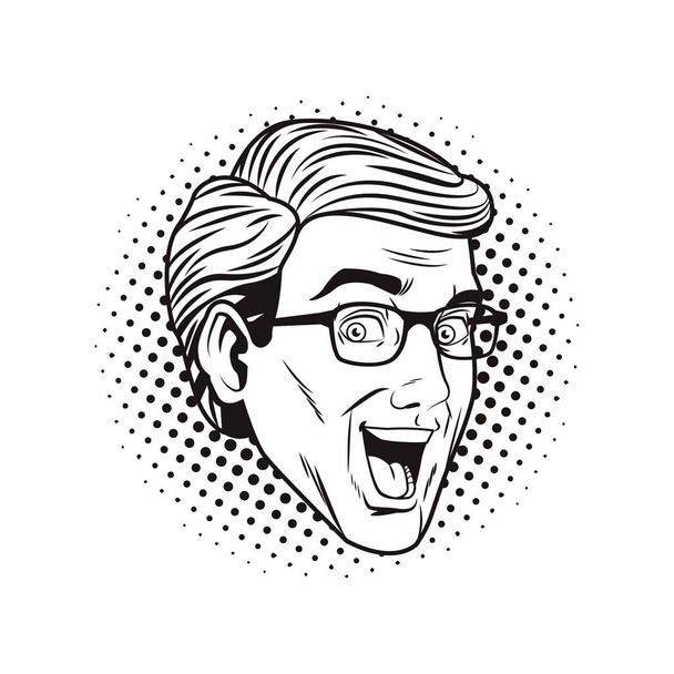 pop-art překvapený muž obličej s brýlemi kreslené vektorové ilustrace grafický design - Vektor, obrázek