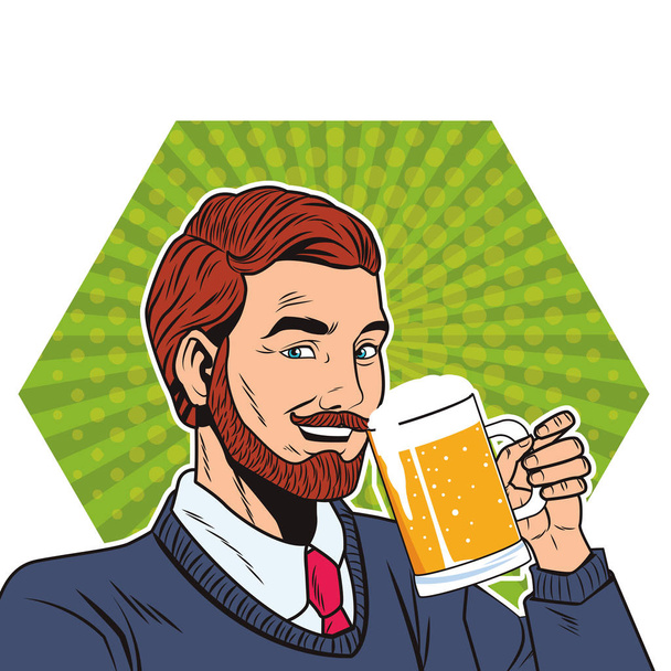 pop art man face with beard drinking beer with green background cartoon vector illustration graphic design - Vector, Image
