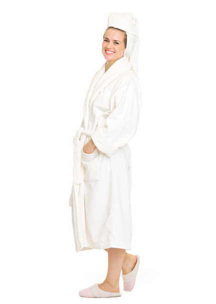 Full length portrait of happy young woman in bathrobe - Фото, зображення
