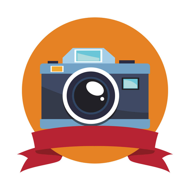 Винтажная фотокамера круглой эмблемы баннер ленты векторной иллюстрации графический дизайн
 - Вектор,изображение