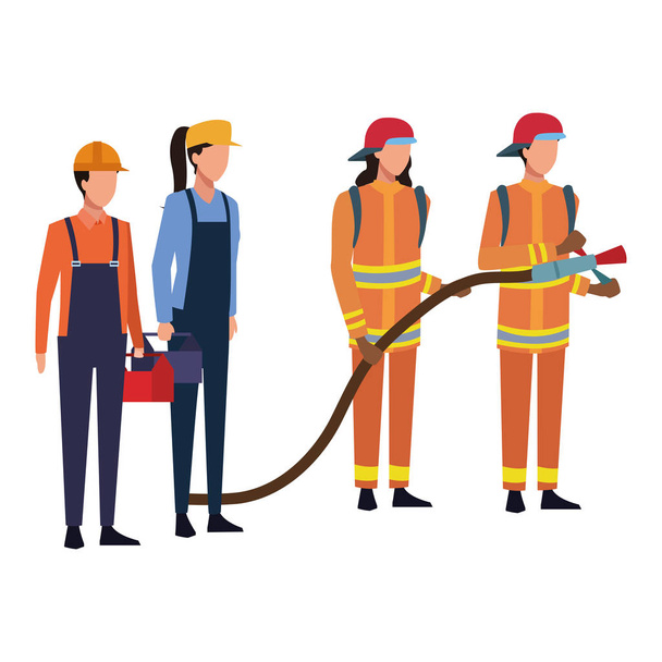 строители с инструментарием и пожарные с векторной иллюстрацией шланга графический дизайн
 - Вектор,изображение