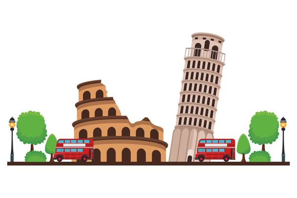 római cirkusz ikon és pisa torony emeletes busszal és fák vektoros illusztráció grafikai tervezés - Vektor, kép