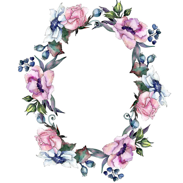 Pink floral botanical flower bouquet. Watercolor background illustration set. Frame border ornament square. - Photo, Image