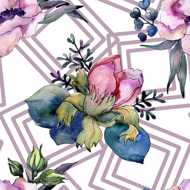 Pink floral botanical flower bouquet. Watercolor illustration set. Seamless background pattern. - Zdjęcie, obraz
