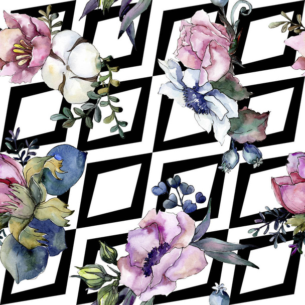 Mazzo di fiori botanici floreali rosa. Set illustrazione acquerello. Modello di sfondo senza soluzione di continuità
. - Foto, immagini