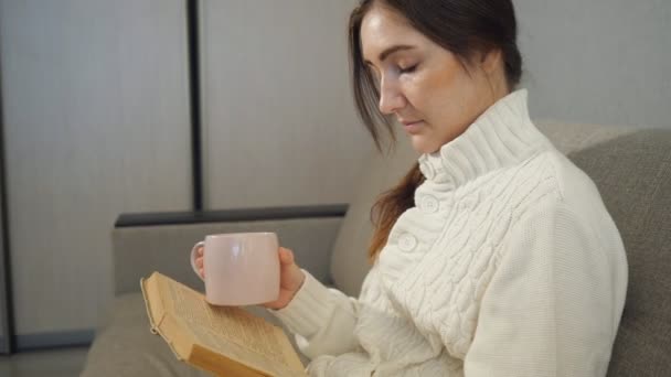 young woman in sweater with cup tea sitting on sofa and and reading a book. - Materiał filmowy, wideo