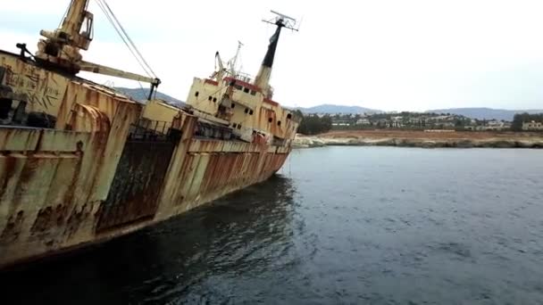 Aerial of cargo vessel "Edro III" shipwreck near rocky coast in Mediterranean sea at Paphos, Cyprus - Footage, Video
