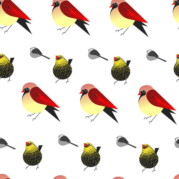 Seamless pattern with different types of birds, bullfinch and sparrow, vector.  - Vector, Image