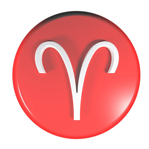 Um botão círculo vermelho com o ícone do signo do zodíaco ARIES, isolado em fundo branco - ilustração renderização 3D
 - Foto, Imagem
