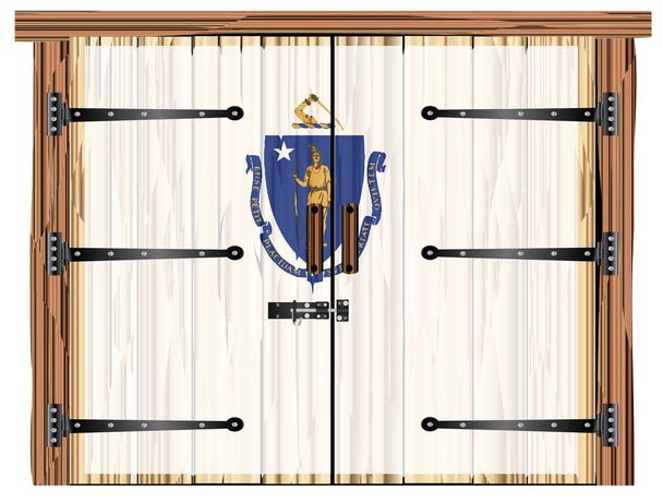 Duże zamknięte drewniane drzwi dwuskrzydłowe ze śrubą i zawiasami oraz flaga Massachusetts pomalowana na - Wektor, obraz