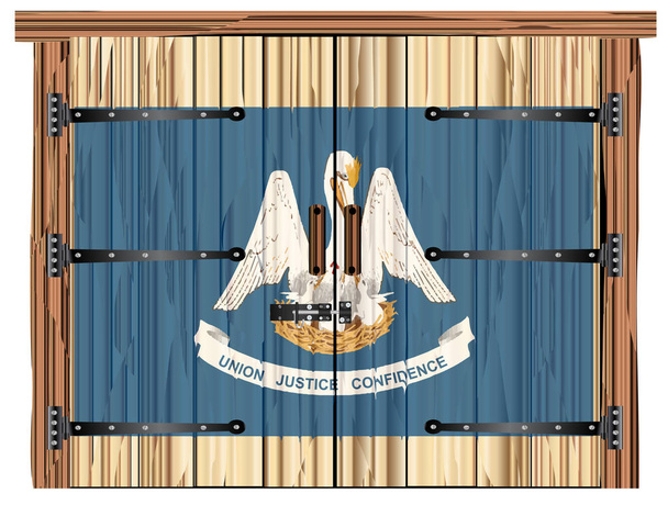 Velké zavřené dřevěné dvojité dveře stodoly se závorou a závěsy a na nich namalovaná vlajka Louisiany - Vektor, obrázek