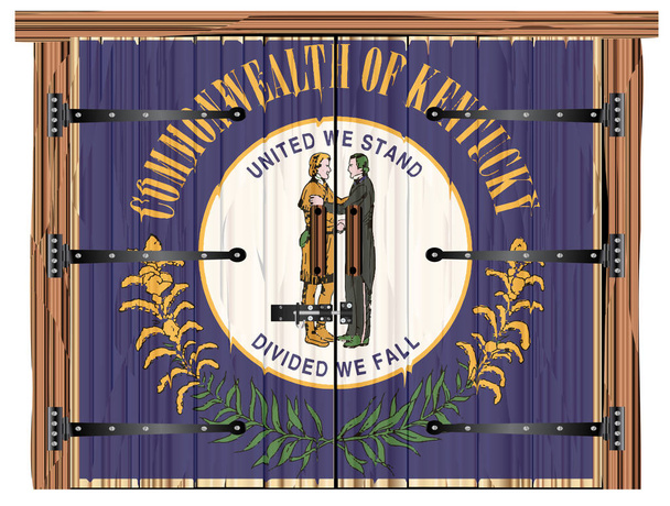Duże zamknięte drewniane drzwi dwuskrzydłowe ze śrubą i zawiasami oraz flaga Kentucky malowane na - Wektor, obraz
