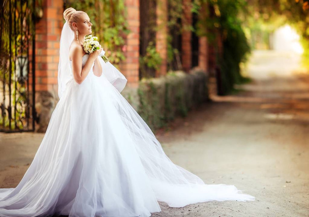 Bella giovane sposa in abito da sposa bianco in posa nel parco
 - Foto, immagini