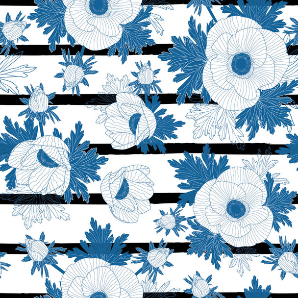 シームレスな繰り返しパターンのベクトル。黒と白の背景に青線アネモネ花模様のイラストです。表面パターン. - ベクター画像