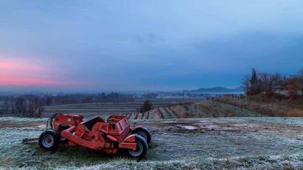 Ομιχλώδης χειμωνιάτικη ανατολή στο collio friulano, Ιταλία - Φωτογραφία, εικόνα
