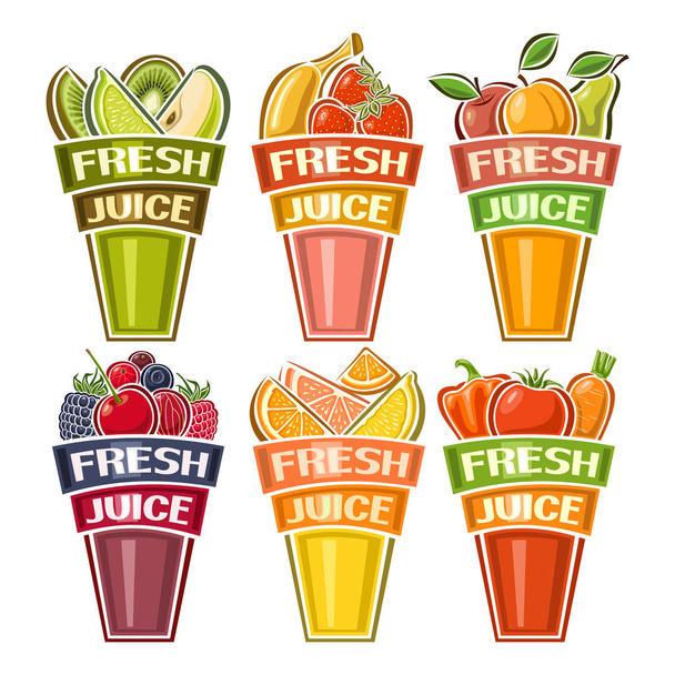 Vector set of glasses with Fresh Juice, collection of 6 cut out caps filled of pile of exotic fruits, variety sweet berries, assorted farm vegetables for health, original font for words fresh juice.  - Vector, Image