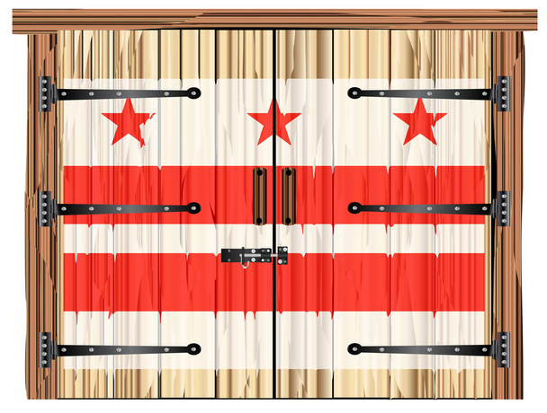 Een grote gesloten houten schuur dubbele deur met bout en scharnieren en de Washington DC vlag geschilderd op - Vector, afbeelding