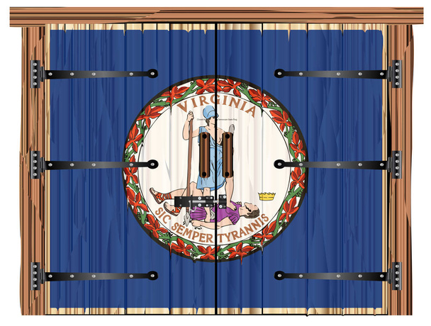 Ein großes geschlossenes hölzernes Scheunentor mit Riegel und Scharnieren und die Virginia-Flagge aufgemalt - Vektor, Bild