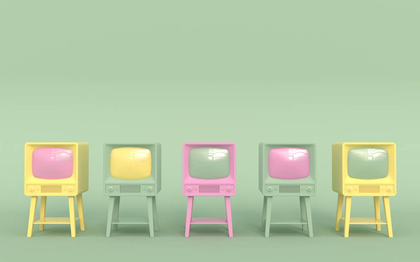 Παλιά ρετρό τηλεόραση σε παστέλ χρώματα σε ένα ανοιχτό πράσινο φόντο στέκεται σε μια σειρά. Κινούμενα σχέδια στυλ. 3D απεικόνιση. - Φωτογραφία, εικόνα